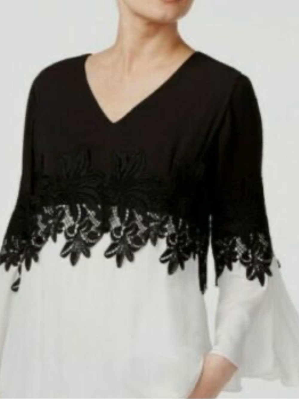 Alfani Black & White V-Neck Lace-Trim Tunic